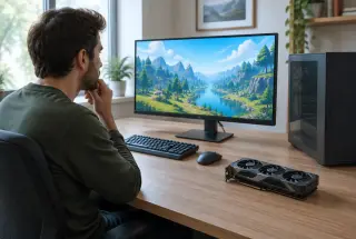 Joueur comparant une carte graphique posée sur son bureau avec un jeu affiché sur un écran.